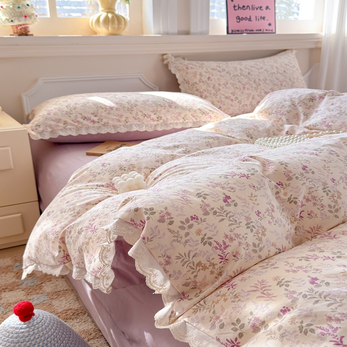 91家纺网 家纺一手货源 找家纺 芯贝儿 2026新款古法小清新全棉花边仿棉水洗棉法式四件套件被套床单 云瑶