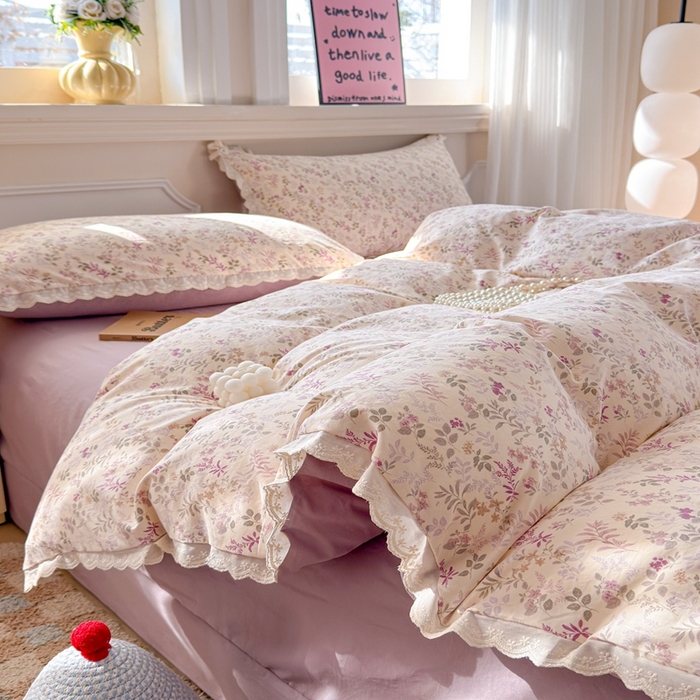 91家纺网 家纺一手货源 找家纺 芯贝儿 2026新款古法小清新全棉花边仿棉水洗棉法式四件套件被套床单 云瑶