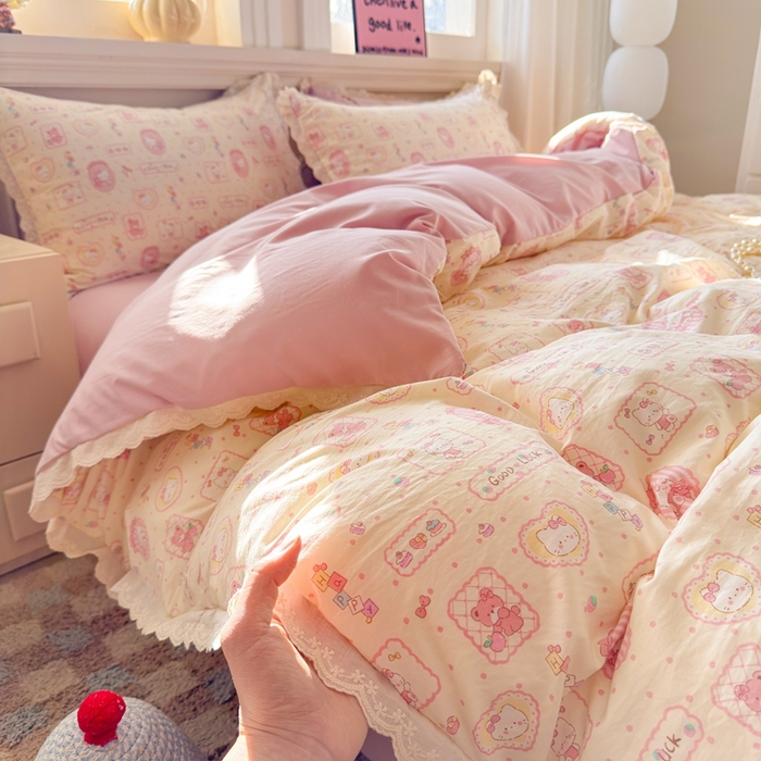 芯贝儿 2026新款古法小清新全棉花边仿棉水洗棉法式四件套件被套床单 KT猫