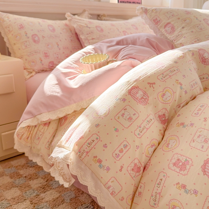 91家纺网 家纺一手货源 找家纺 芯贝儿 2026新款古法小清新全棉花边仿棉水洗棉法式四件套件被套床单 KT猫