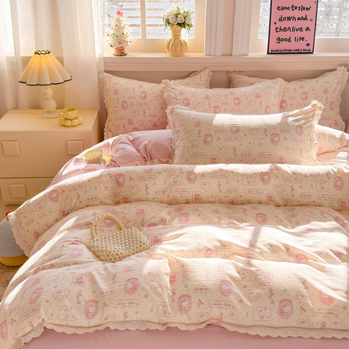 91家纺网 家纺一手货源 找家纺 芯贝儿 2026新款古法小清新全棉花边仿棉水洗棉法式四件套件被套床单 KT猫