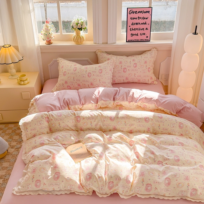 91家纺网 家纺一手货源 找家纺 芯贝儿 2026新款古法小清新全棉花边仿棉水洗棉法式四件套件被套床单 KT猫