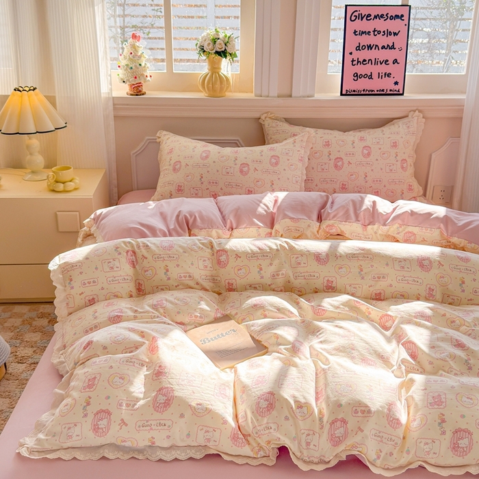 91家纺网 家纺一手货源 找家纺 芯贝儿 2026新款古法小清新全棉花边仿棉水洗棉法式四件套件被套床单 KT猫