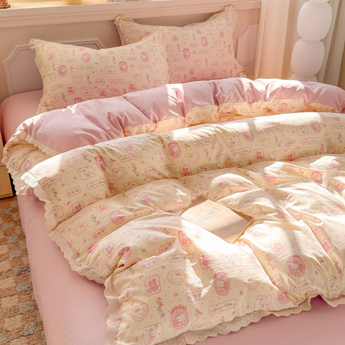 91家纺网 家纺一手货源 找家纺 芯贝儿 2026新款古法小清新全棉花边仿棉水洗棉法式四件套件被套床单 KT猫