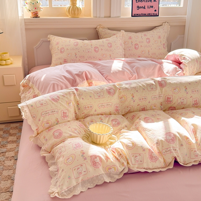 91家纺网 家纺一手货源 找家纺 芯贝儿 2026新款古法小清新全棉花边仿棉水洗棉法式四件套件被套床单 KT猫