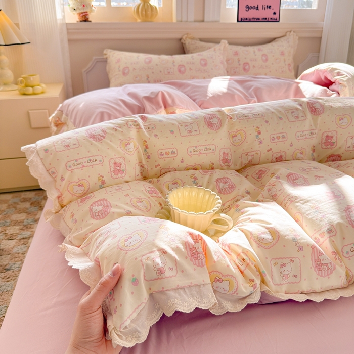 91家纺网 家纺一手货源 找家纺 芯贝儿 2026新款古法小清新全棉花边仿棉水洗棉法式四件套件被套床单 KT猫