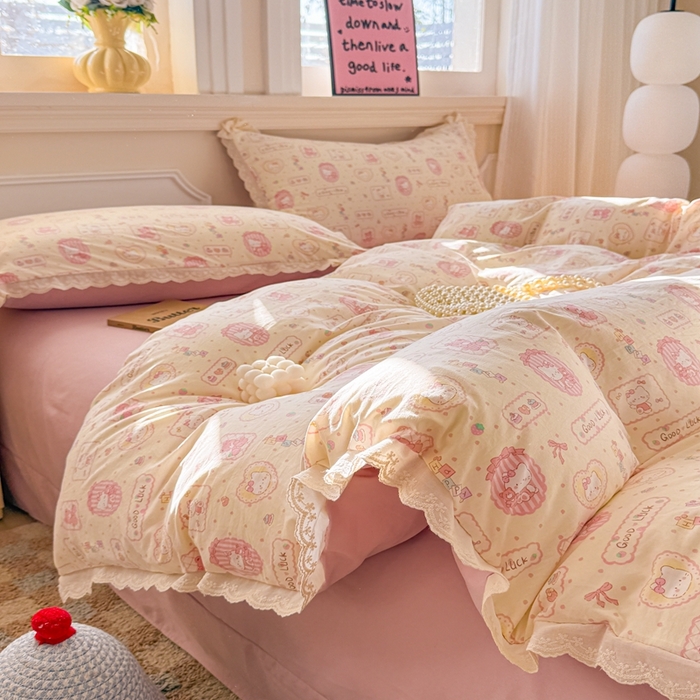 91家纺网 家纺一手货源 找家纺 芯贝儿 2026新款古法小清新全棉花边仿棉水洗棉法式四件套件被套床单 KT猫