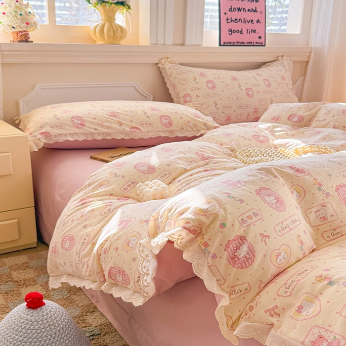 91家纺网 家纺一手货源 找家纺 芯贝儿 2026新款古法小清新全棉花边仿棉水洗棉法式四件套件被套床单 KT猫