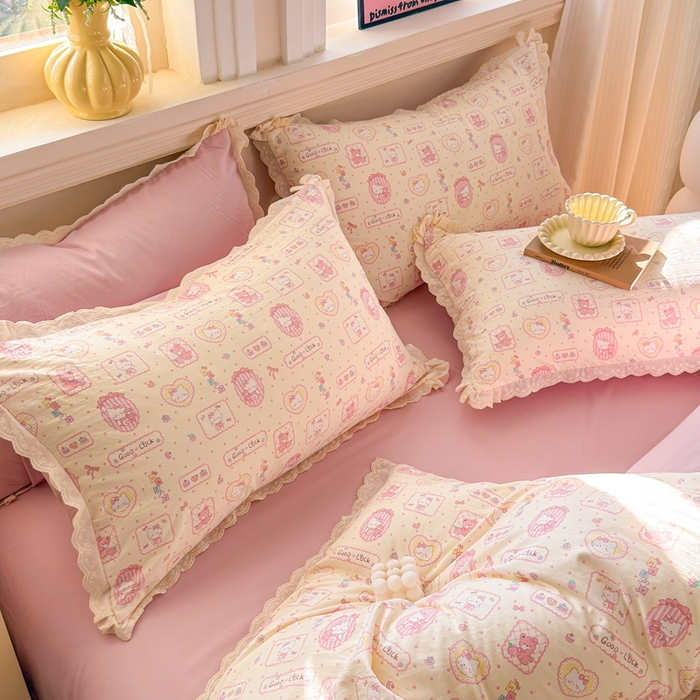 91家纺网 家纺一手货源 找家纺 芯贝儿 2026新款古法小清新全棉花边仿棉水洗棉法式四件套件被套床单 KT猫