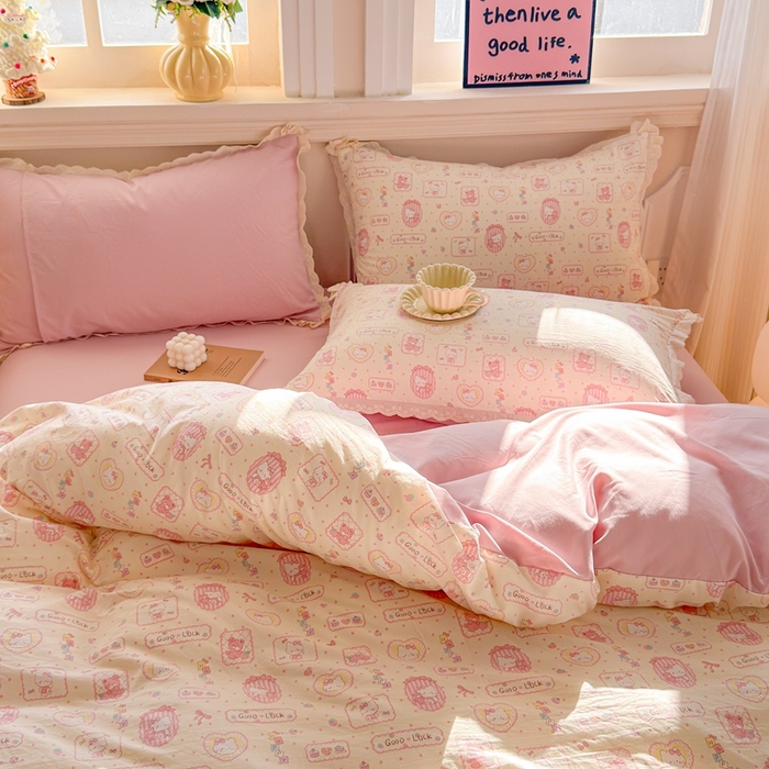 91家纺网 家纺一手货源 找家纺 芯贝儿 2026新款古法小清新全棉花边仿棉水洗棉法式四件套件被套床单 KT猫