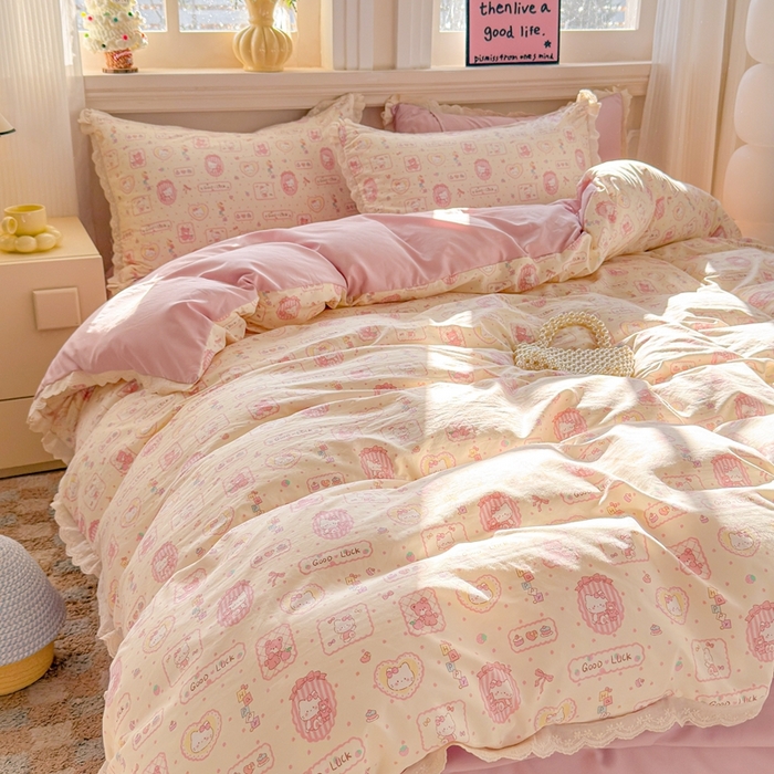 91家纺网 家纺一手货源 找家纺 芯贝儿 2026新款古法小清新全棉花边仿棉水洗棉法式四件套件被套床单 KT猫