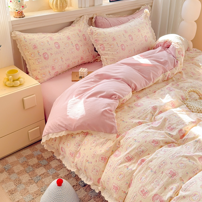 91家纺网 家纺一手货源 找家纺 芯贝儿 2026新款古法小清新全棉花边仿棉水洗棉法式四件套件被套床单 KT猫