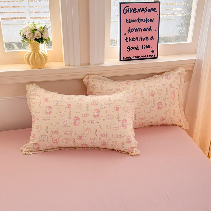 91家纺网 家纺一手货源 找家纺 芯贝儿 2026新款古法小清新全棉花边仿棉水洗棉法式四件套件被套床单 KT猫