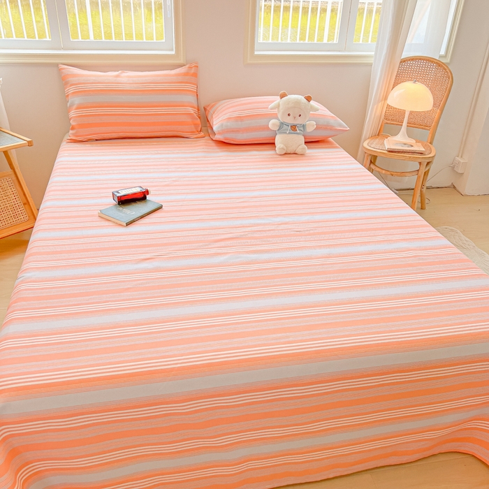 91家纺网 家纺一手货源 找家纺 爱彼家纺 2026新款升级细纱老粗布床单款凉席席子单床单床单三件套 桔灰细条