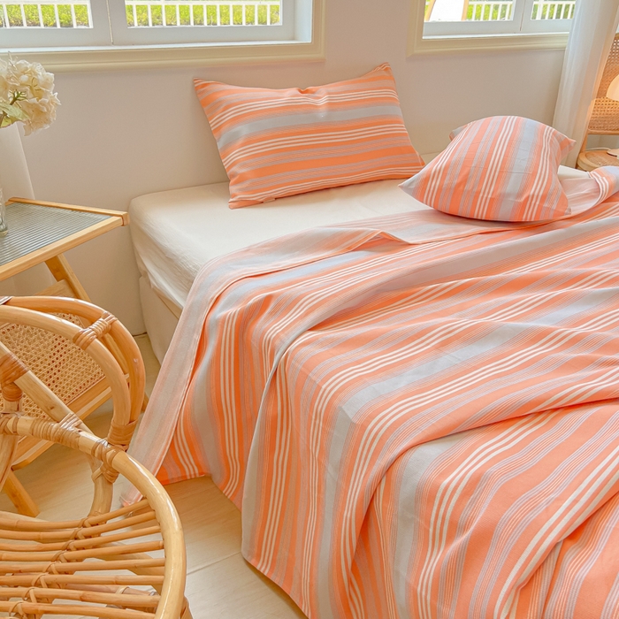 91家纺网 家纺一手货源 找家纺 爱彼家纺 2026新款升级细纱老粗布床单款凉席席子单床单床单三件套 桔灰细条