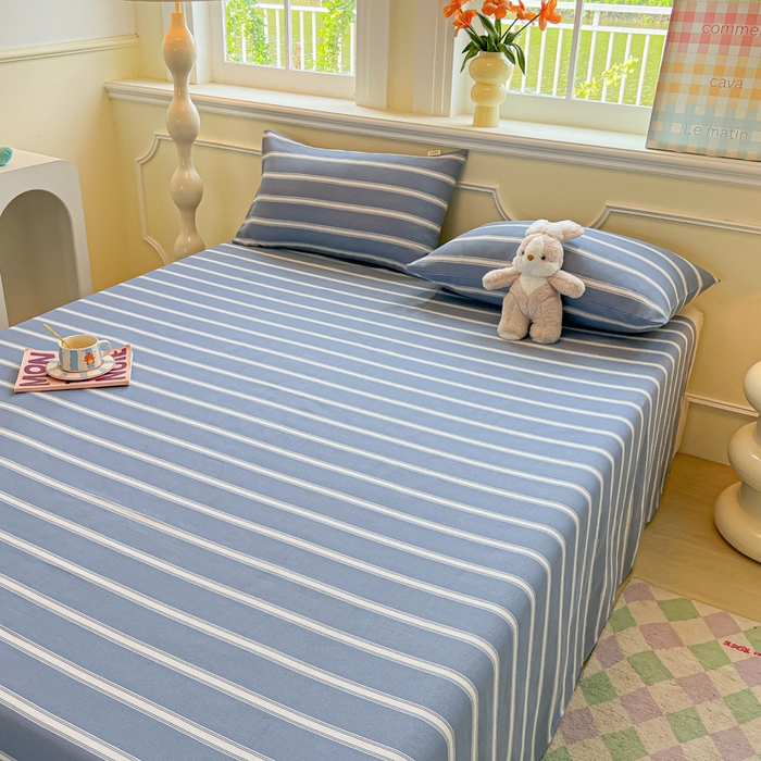 91家纺网 家纺一手货源 找家纺 爱彼家纺 2026新款升级细纱老粗布床单款凉席席子单床单床单三件套 蓝白条