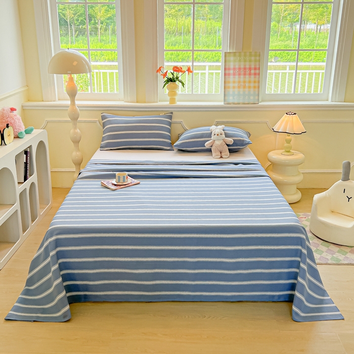 91家纺网 家纺一手货源 找家纺 爱彼家纺 2026新款升级细纱老粗布床单款凉席席子单床单床单三件套 蓝白条