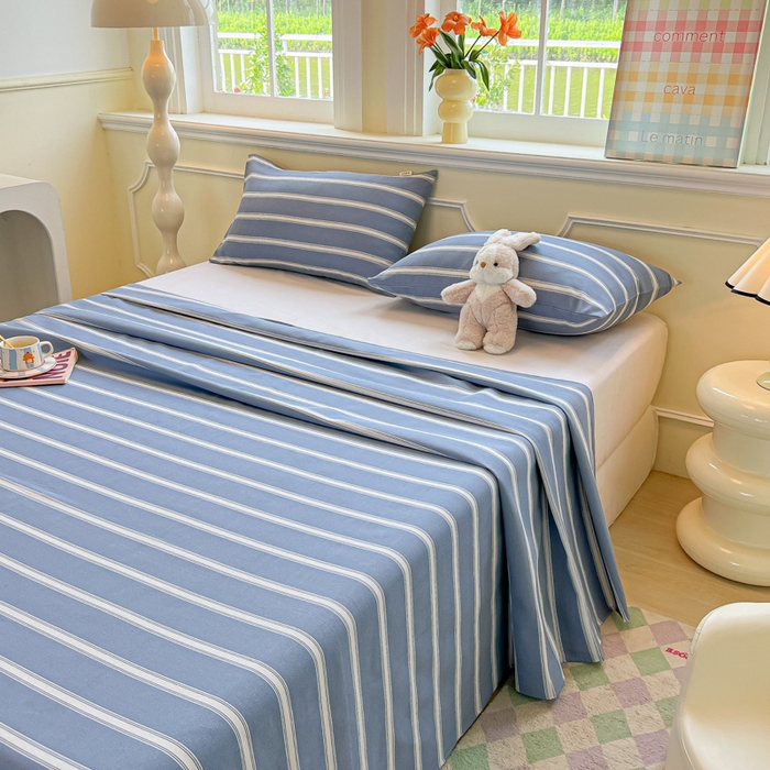 91家纺网 家纺一手货源 找家纺 爱彼家纺 2026新款升级细纱老粗布床单款凉席席子单床单床单三件套 蓝白条