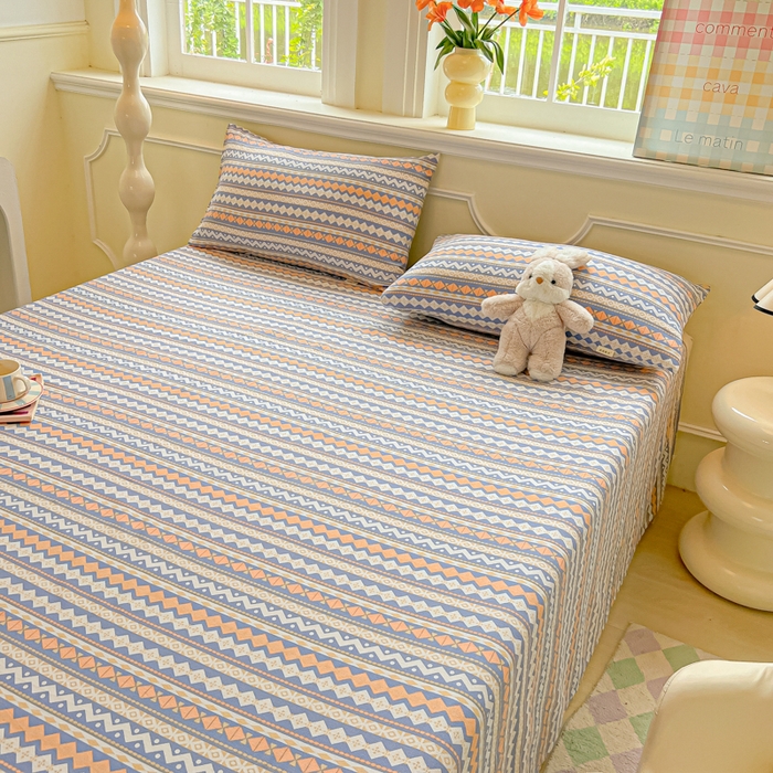 91家纺网 家纺一手货源 找家纺 爱彼家纺 2026新款升级细纱老粗布床单款凉席席子单床单床单三件套 向往蓝条