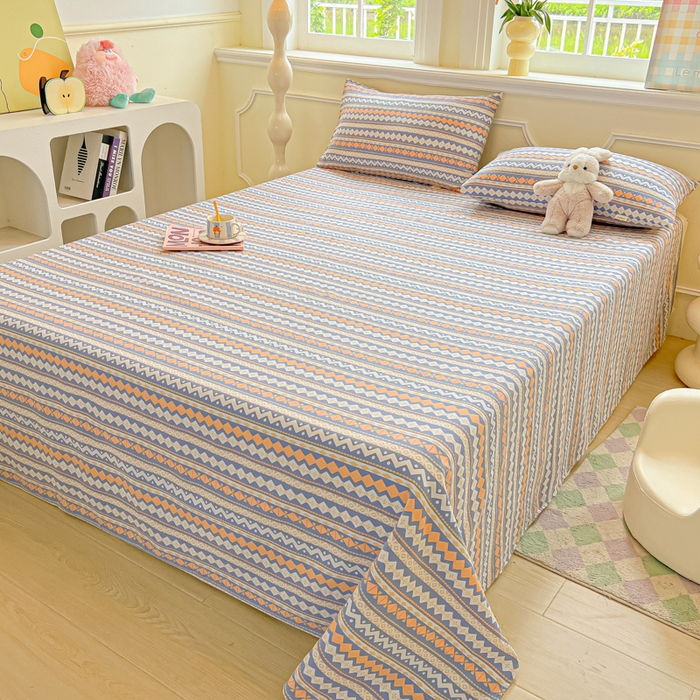 91家纺网 家纺一手货源 找家纺 爱彼家纺 2026新款升级细纱老粗布床单款凉席席子单床单床单三件套 向往蓝条