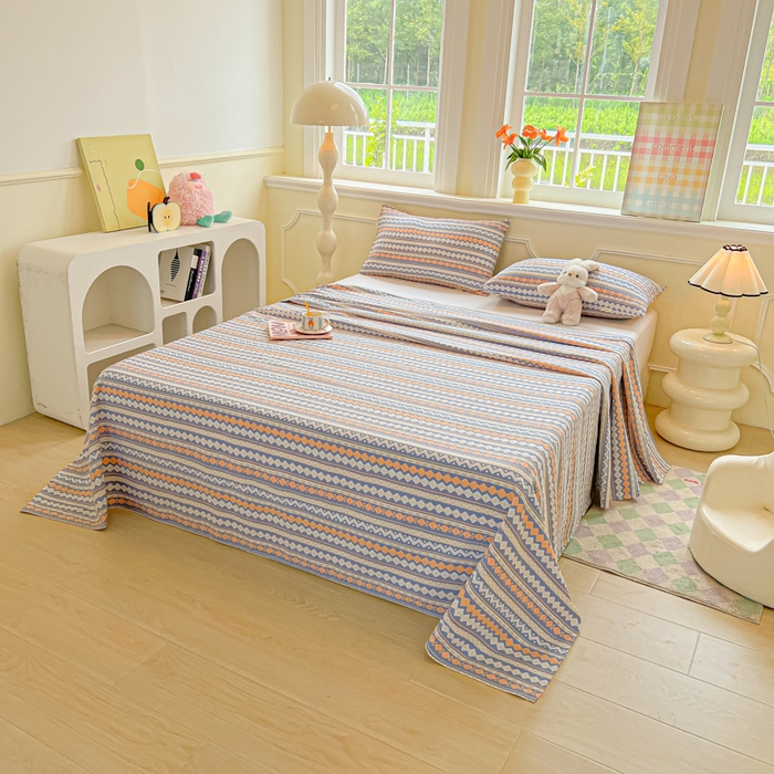 91家纺网 家纺一手货源 找家纺 爱彼家纺 2026新款升级细纱老粗布床单款凉席席子单床单床单三件套 向往蓝条