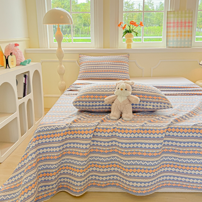 91家纺网 家纺一手货源 找家纺 爱彼家纺 2026新款升级细纱老粗布床单款凉席席子单床单床单三件套 向往蓝条