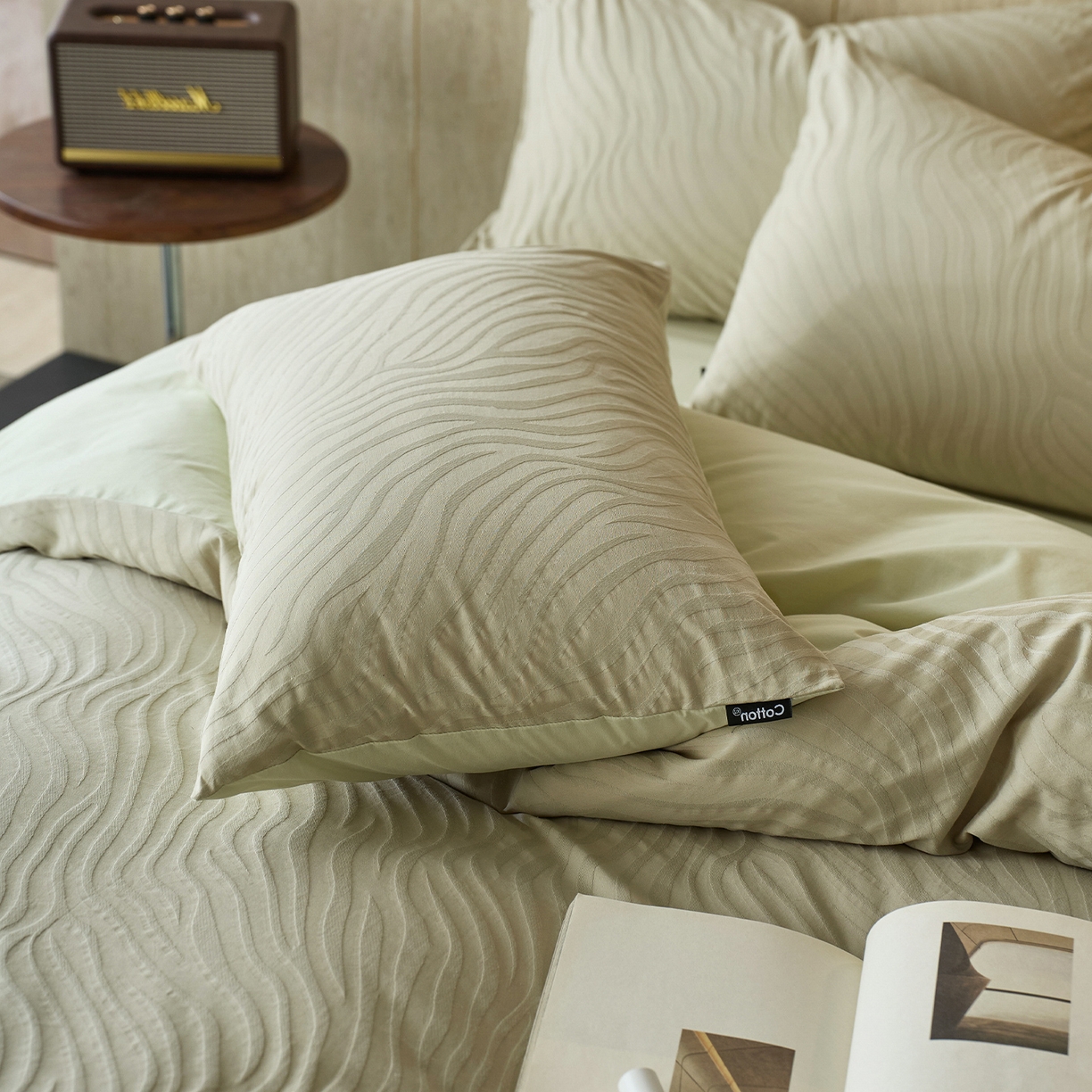 91家纺网 家纺一手货源 找家纺 小懒猪 2026新款亲肤舒适立体全棉提花四件套 杰斯-奶绿