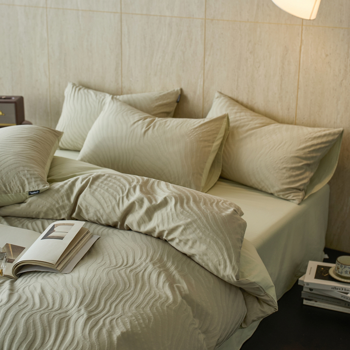 91家纺网 家纺一手货源 找家纺 小懒猪 2026新款亲肤舒适立体全棉提花四件套 杰斯-奶绿