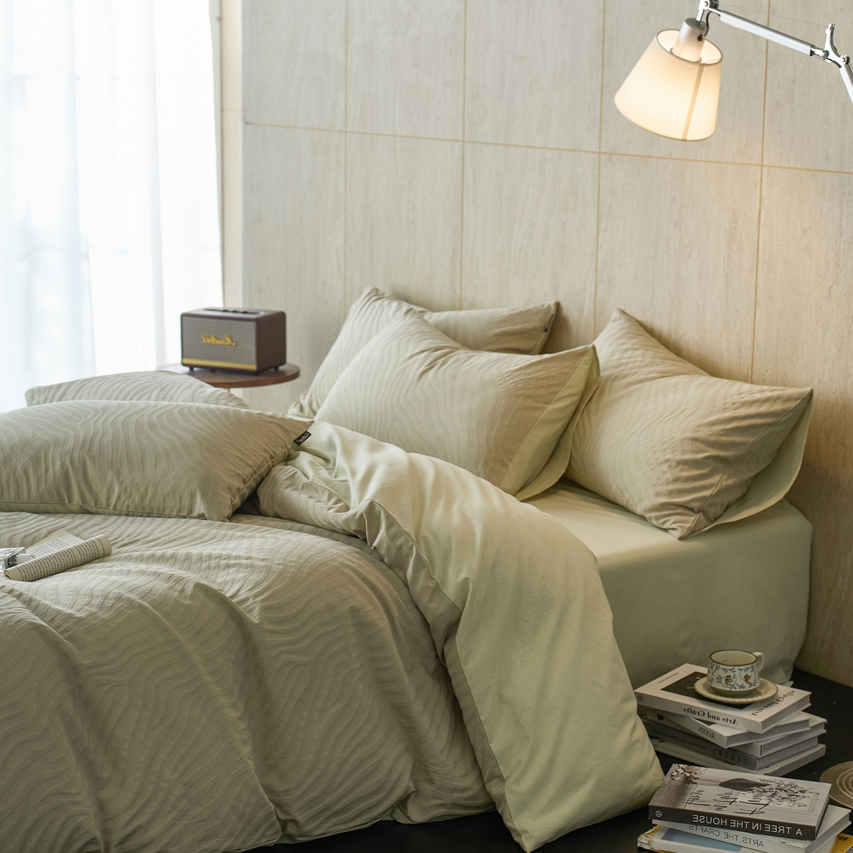 91家纺网 家纺一手货源 找家纺 小懒猪 2026新款亲肤舒适立体全棉提花四件套 杰斯-奶绿