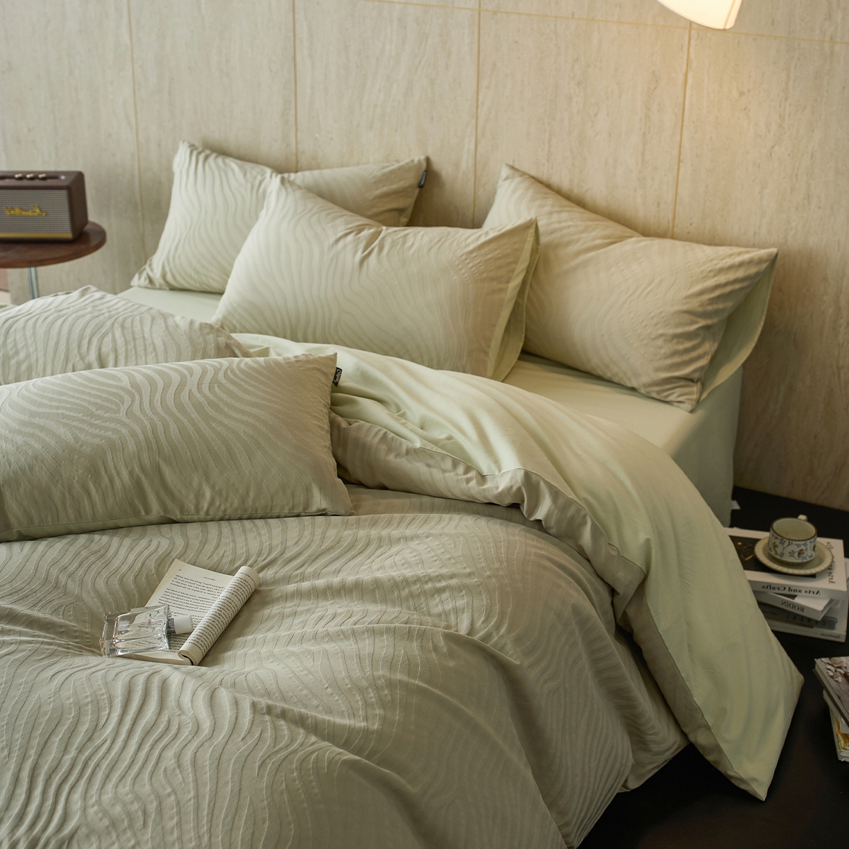 91家纺网 家纺一手货源 找家纺 小懒猪 2026新款亲肤舒适立体全棉提花四件套 杰斯-奶绿