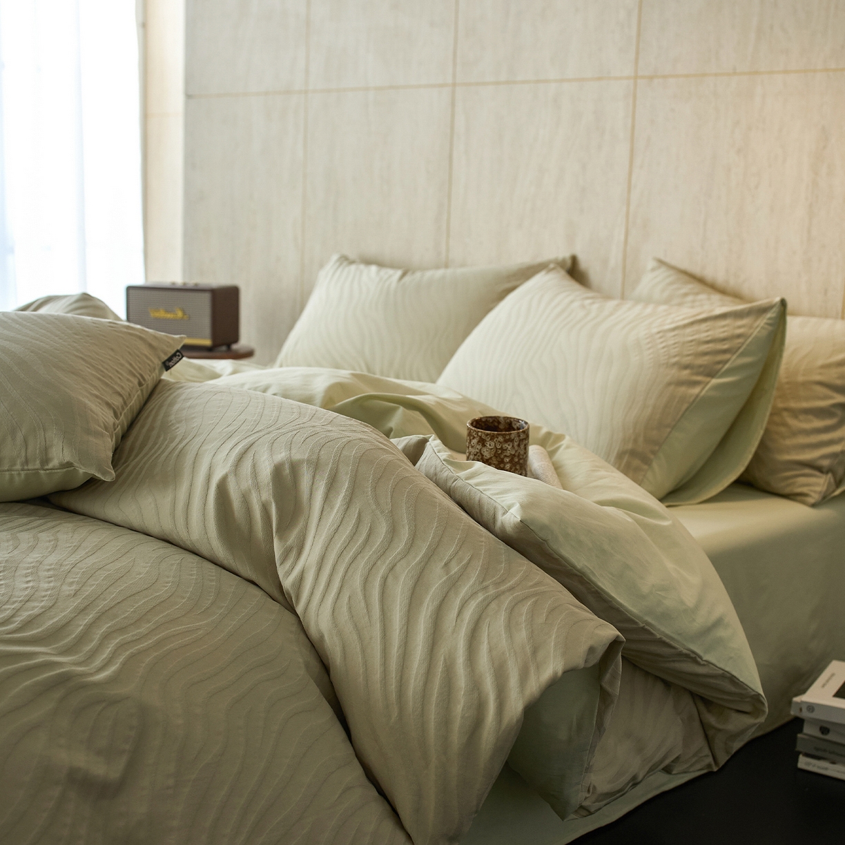 91家纺网 家纺一手货源 找家纺 小懒猪 2026新款亲肤舒适立体全棉提花四件套 杰斯-奶绿