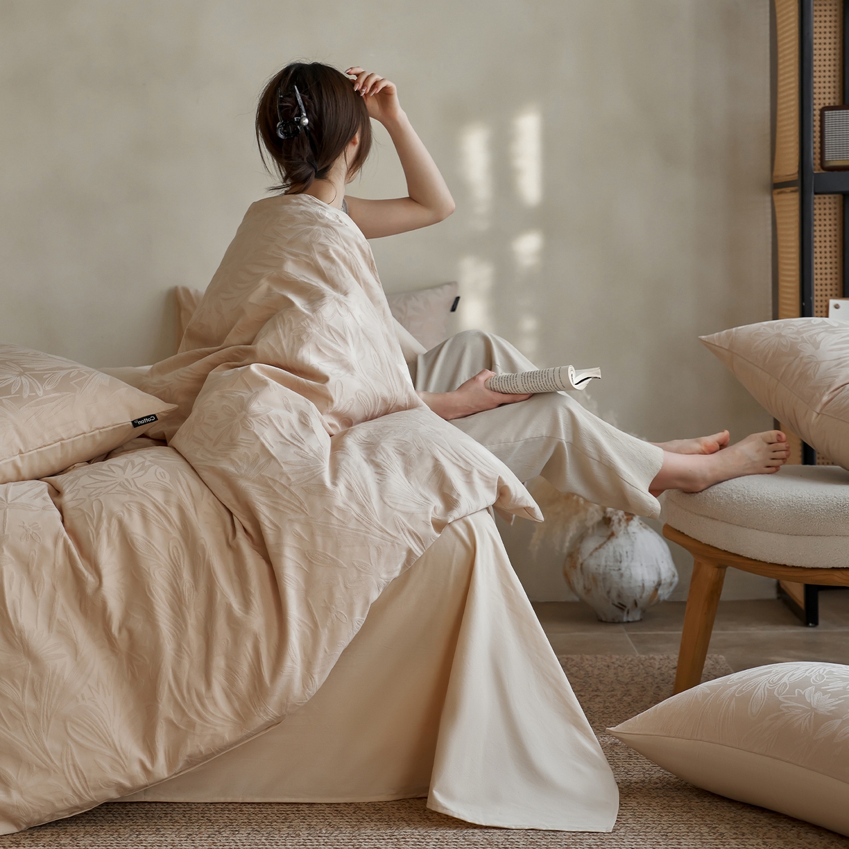 91家纺网 家纺一手货源 找家纺 小懒猪 2026新款亲肤舒适立体全棉提花四件套 秘境-米杏