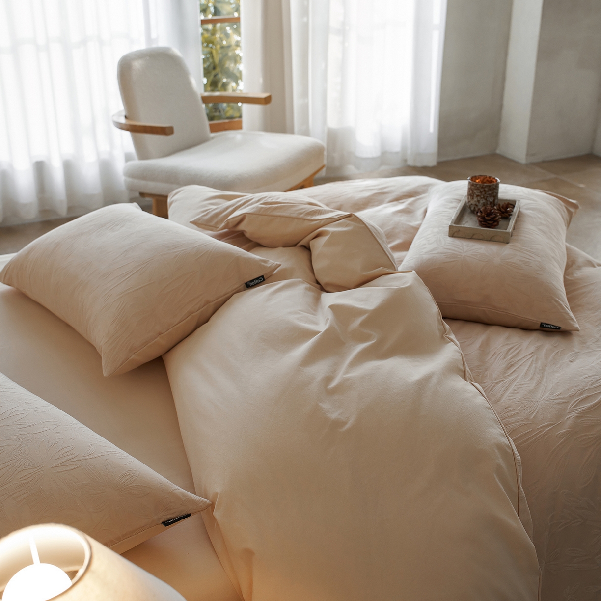 91家纺网 家纺一手货源 找家纺 小懒猪 2026新款亲肤舒适立体全棉提花四件套 秘境-米杏