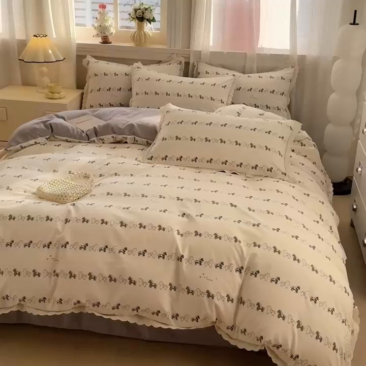 91家纺网 家纺一手货源 找家纺 芯贝儿 2026新款古法小清新全棉花边仿棉水洗棉法式四件套件被套床单 卡吉米