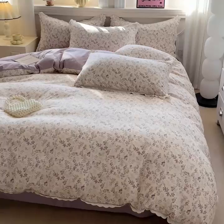 91家纺网 家纺一手货源 找家纺 芯贝儿 2026新款古法小清新全棉花边仿棉水洗棉法式四件套件被套床单 半糖悠然