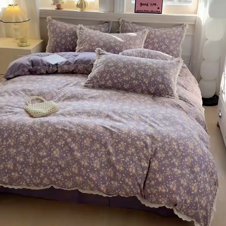 91家纺网 家纺一手货源 找家纺 芯贝儿 2026新款古法小清新全棉花边仿棉水洗棉法式四件套件被套床单 花絮