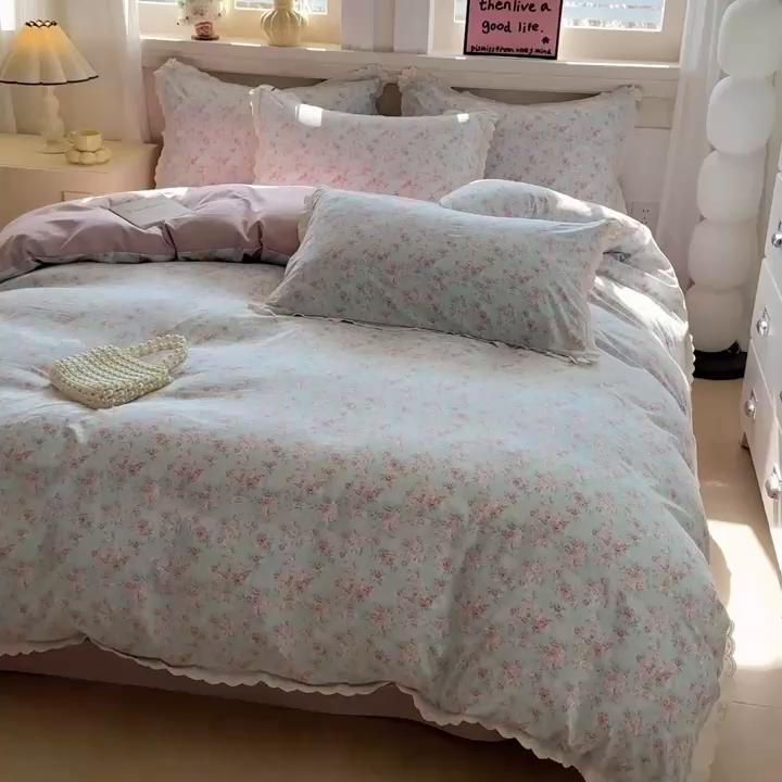 91家纺网 家纺一手货源 找家纺 芯贝儿 2026新款古法小清新全棉花边仿棉水洗棉法式四件套件被套床单 陌言