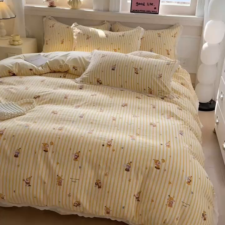 91家纺网 家纺一手货源 找家纺 芯贝儿 2026新款古法小清新全棉花边仿棉水洗棉法式四件套件被套床单 星宝