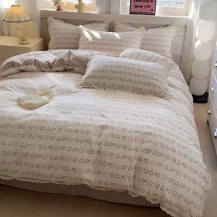 91家纺网 家纺一手货源 找家纺 芯贝儿 2026新款古法小清新全棉花边仿棉水洗棉法式四件套件被套床单 小木马