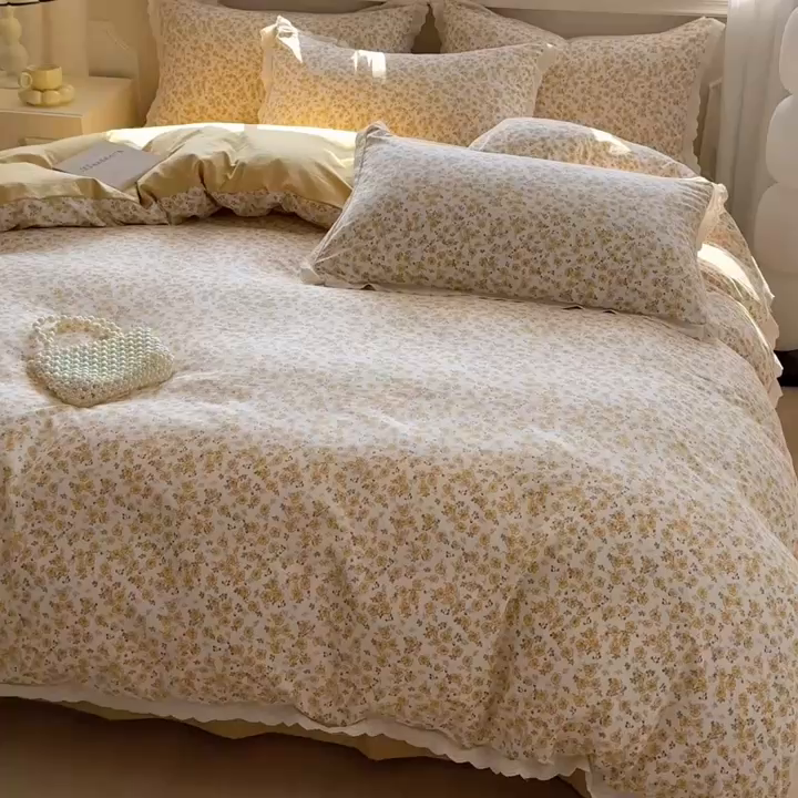 91家纺网 家纺一手货源 找家纺 芯贝儿 2026新款古法小清新全棉花边仿棉水洗棉法式四件套件被套床单 夏日初恋