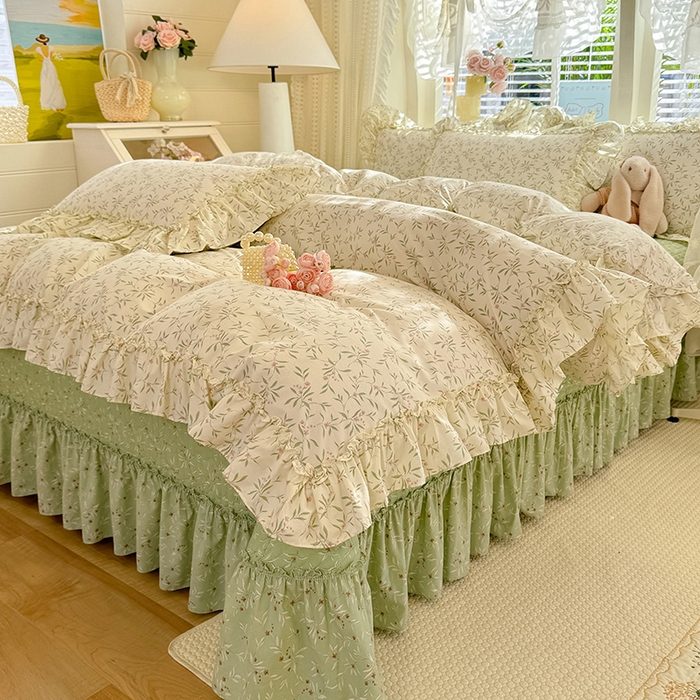 91家纺网 家纺一手货源 找家纺 韩约家纺 2026新款法式大花边古法棉感床盖四件套 春熙