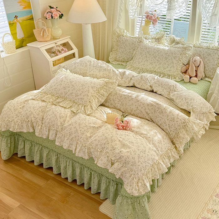 91家纺网 家纺一手货源 找家纺 韩约家纺 2026新款法式大花边古法棉感床盖四件套 春熙