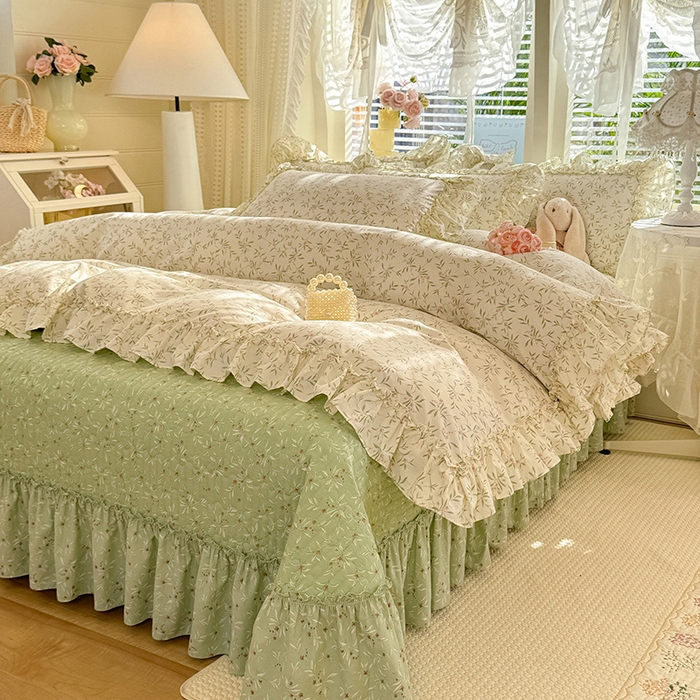 91家纺网 家纺一手货源 找家纺 韩约家纺 2026新款法式大花边古法棉感床盖四件套 春熙