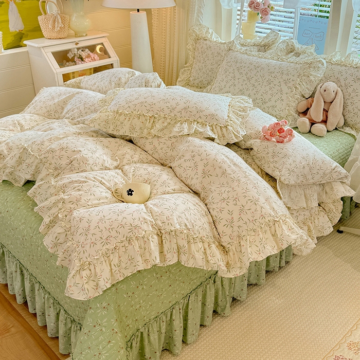 91家纺网 家纺一手货源 找家纺 韩约家纺 2026新款法式大花边古法棉感床盖四件套 春熙