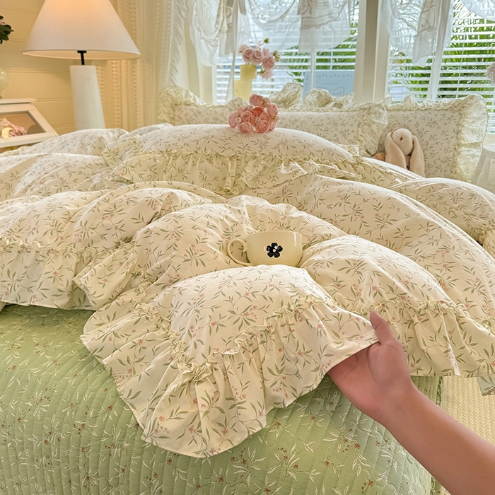 91家纺网 家纺一手货源 找家纺 韩约家纺 2026新款法式大花边古法棉感床盖四件套 春熙