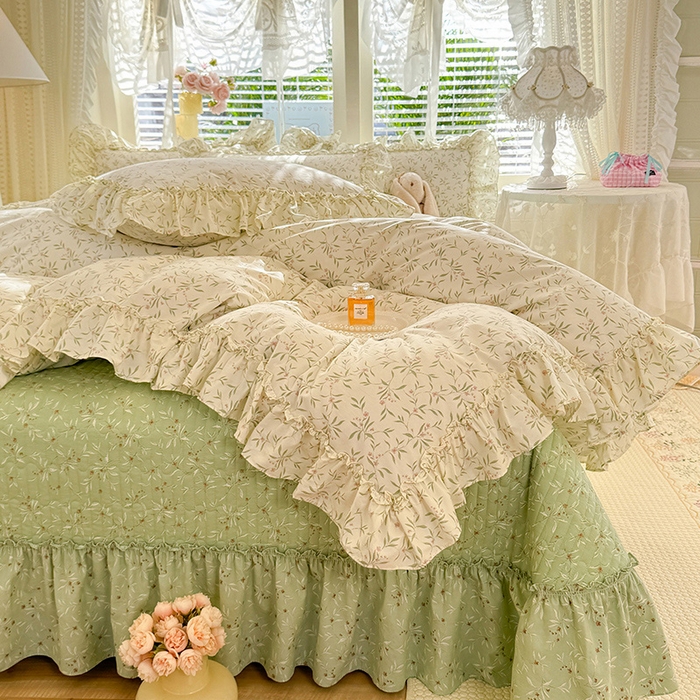 91家纺网 家纺一手货源 找家纺 韩约家纺 2026新款法式大花边古法棉感床盖四件套 春熙