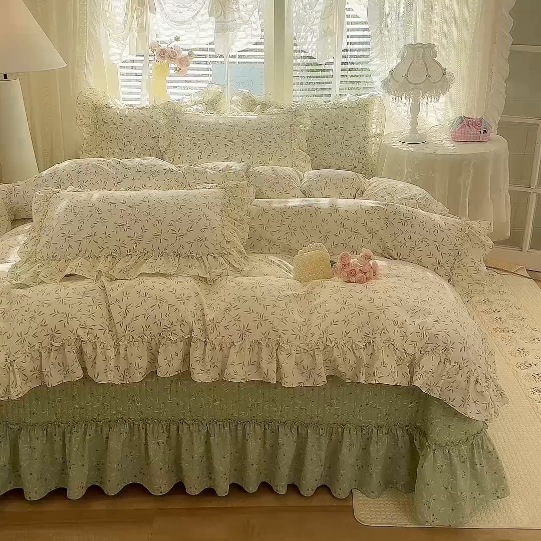 91家纺网 家纺一手货源 找家纺 韩约家纺 2026新款法式大花边古法棉感床盖四件套 春熙