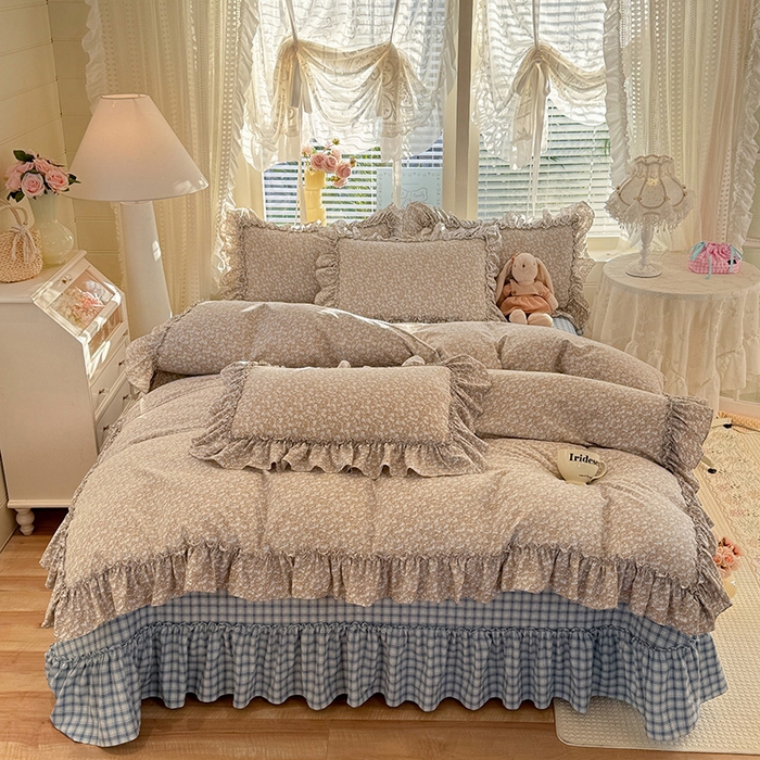 91家纺网 家纺一手货源 找家纺 韩约家纺 2026新款法式大花边古法棉感床盖四件套 靓彩