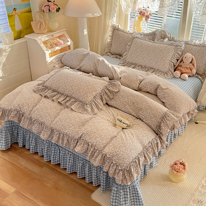 91家纺网 家纺一手货源 找家纺 韩约家纺 2026新款法式大花边古法棉感床盖四件套 靓彩