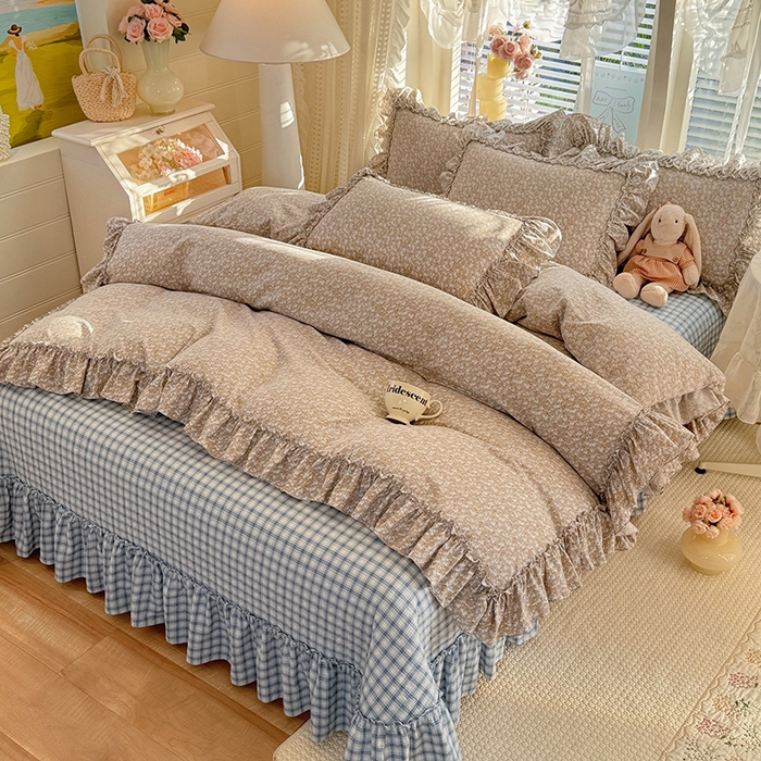 91家纺网 家纺一手货源 找家纺 韩约家纺 2026新款法式大花边古法棉感床盖四件套 靓彩